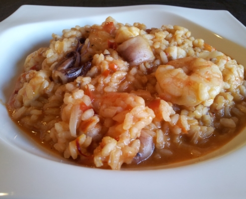 Arroz meloso de rape, calamar y gamba roja