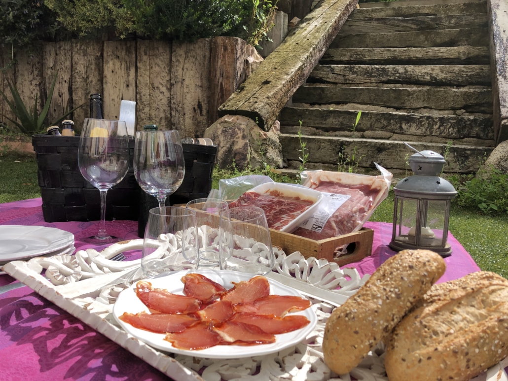 Picnic en el jardín con carnes Abrasador