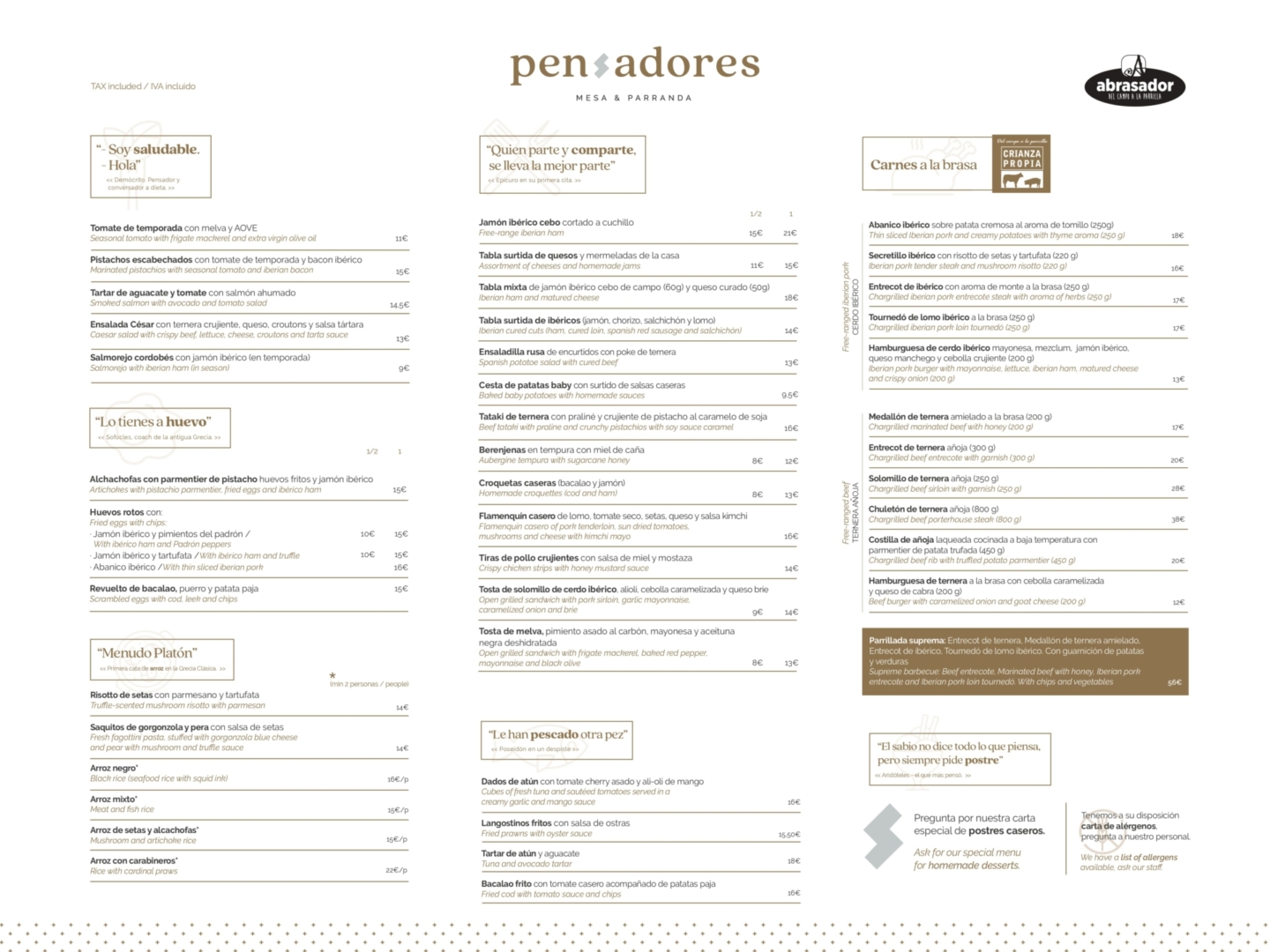 Carta Abrasador Pensadores para comer en Granada